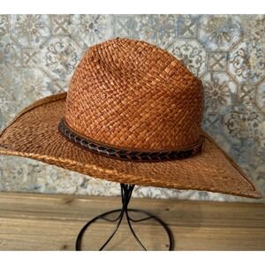 Shady Brady Cowboy Hat Woven Raffia Western Mens Medium Brown Excellent